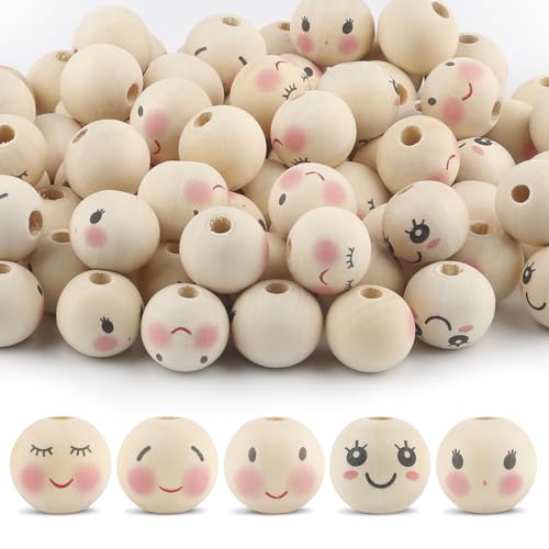 Ktxaby 50pcs 20mm lose Holzperlen mit Gesichtern 5 Styles 4mm Loch Holz Ausdruck Perlen Runde natürliche Holzperlen handgemachte Holzperlen für Halskette Armband Stringing Making DIY Crafts (02) von ktxaby