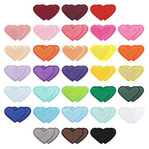 Ktxaby 62 Stück Bunte Herz Aufbügler Mini Bügelpatches Herzform Aufnäher für Kleidung Jacken Jeans Rucksäcke DIY Dekoration Stoffapplikation Handwerk Zubehör (31 Farben) von ktxaby