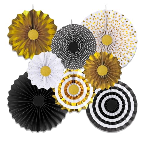 Ktxaby 8 Stück Fächer Deko Schwarz Gold Papierfächer Set,Papier Pompons Hängende Partydekoration Für Hochzeit Geburtstag Festliche Veranstaltungen Fotohintergrund Raumdekoration Event Deko von ktxaby