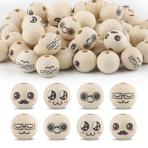 Ktxaby 80pcs 20mm lose Holzperlen mit Gesichtern 4 Styles 4mm Loch Holz Ausdruck Perlen Runde natürliche Holzperlen handgemachte Holzperlen für Halskette Armband Stringing Making DIY Crafts (01) von ktxaby
