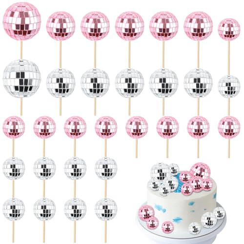 Mini-Discokugel-Cupcake-Topper, glänzende Discokugel-Picker, Disco mit Stäbchen, Themenparty-Zubehör, 70er-Jahre-Retro-Kuchendekorationen für Dessert-Geburtstagsdekorationen (Rosa, Silber), 30 Stück von ktxaby