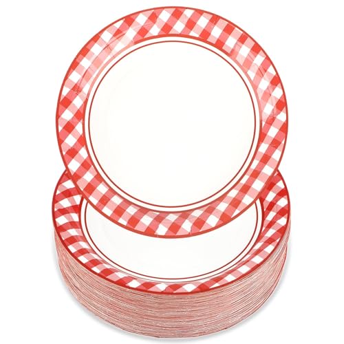 ktxaby 100 Stück rot und weiß karierte Teller, Einwegteller, 17,8 cm, karierte Papier-Dessertteller, Geschirr für Campinggrills, Junggesellinnenabschiede, Geburtstagsparty-Zubehör, für 100 Gäste von ktxaby