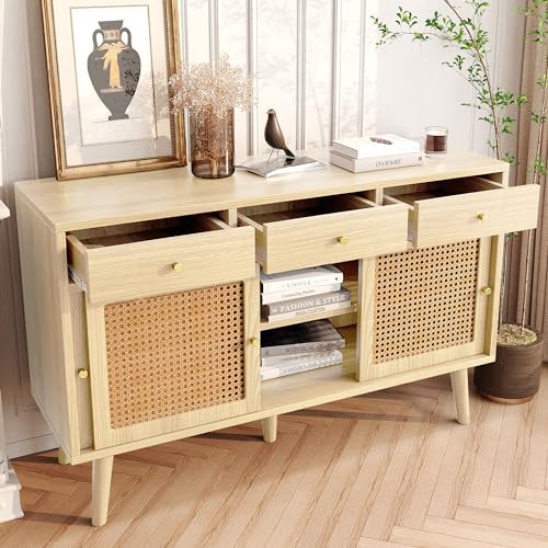 kubeier Sideboard, Kommode mit 3 Schubladen und 3 Schiebetüren, Rattangeflecht auf den Türfronten, Beine aus massivem Holz, Golden Metall Bügelgriff,verstellbare Ablagen,Eiche,120x 40x78cm kubeier Sideboard, Kommode mit 3 Schubladen und 3 Schiebetüren, Rattangeflecht auf den Türfronten, Beine aus massivem Holz, Golden Metall Bügelgriff,verstellbare Ablagen,Eiche,120x 40x78cm von kubeier