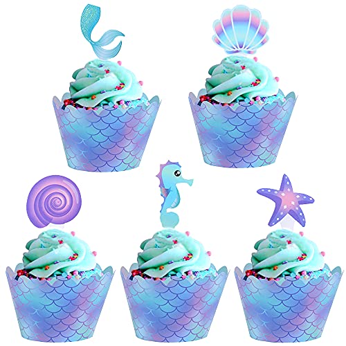 Kukifun Meerjungfrau Tortendeko - 40 Stück Meerjungfrau Kuchen Deko & Cupcake Topper Set für Mädchen Geburtstagsparty, Babyparty & Unterwasserparty von kukifun