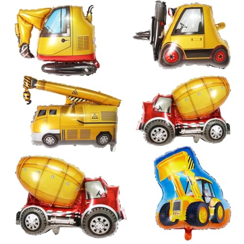 kukifun Baustelle Luftballons 6 Stück Bagger Luftballons Baustelle Geburtstag Deko Traktor Kran Gabelstapler Betonmischer Geburtstag Deko Auto Folienballons für Kindergeburtstag Party Dekorationen von kukifun