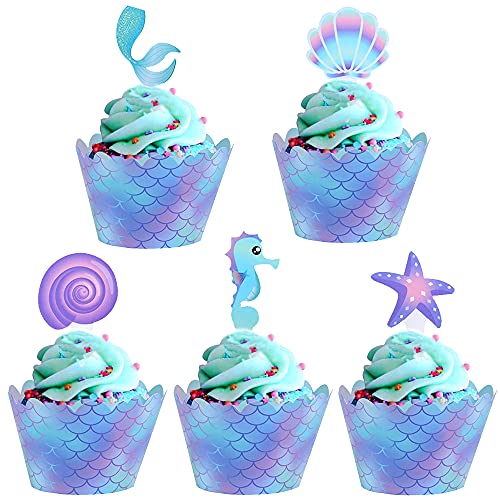 kukifun Meerjungfrau Tortendeko 40 Stück Meerjungfrau Kuchen Deko Meerjungfrau Cupcake Topper und Wrapper Set Mädchen Meerjungfrau Geburtstagsparty, Babyparty, Unterwasserparty von kukifun