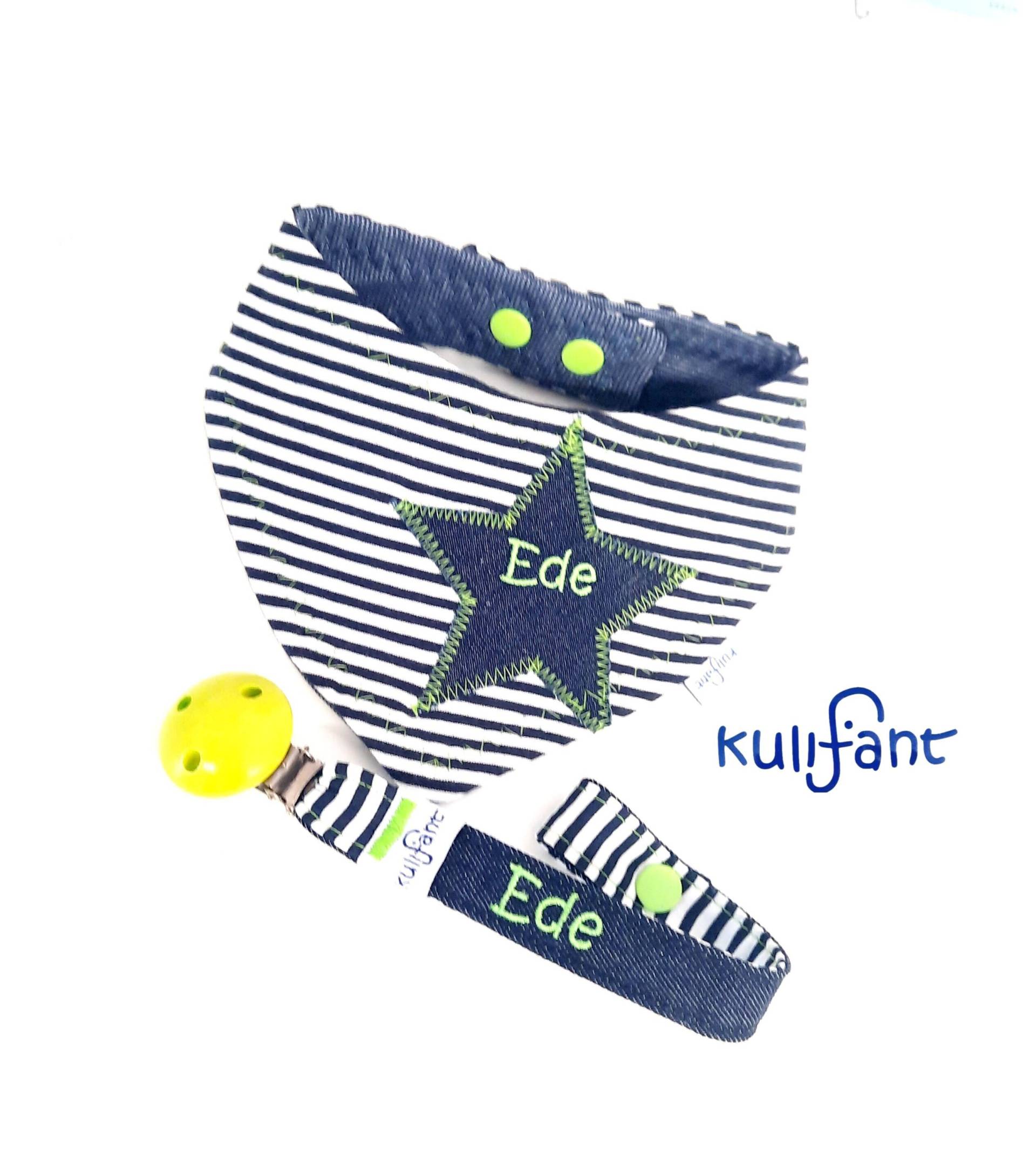 Set Jeans Denim Schnullerband & Dreieckstuch Wendetuch/ Streifen Maritim Blau Weiss Hellblau, Mit Name Set Jeans Denim Schnullerband & Dreieckstuch Wendetuch/ Streifen Maritim Blau Weiss Hellblau, Mit Name von kulifant