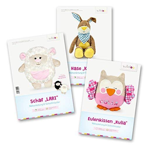 kullaloo 3 Nähnanleitungen inkl. Schnittmuster zum selber Nähen - Kuschelhase Kulio, Eulenkissen Kulla & Kuschelkissen Schaf Lari von kullaloo