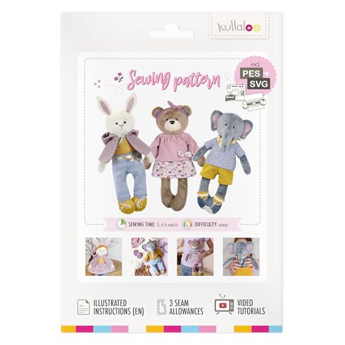 kullaloo Dress Me Bestie – Schnittmuster für Plüschtiere mit Stoffbären, Häschen und Elefanten mit Outfits | Papiermuster mit QR-Video-Tutorials, PES- und SVG-Dateien | Entworfen in Kanada von kullaloo