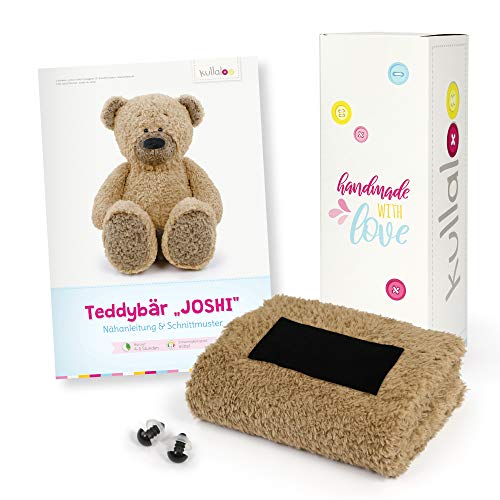 kullaloo Stoffset/Geschenkset zum Teddy nähen - mit Nähanleitung als gedruckte Broschüre, Teddyplüsch und Sicherheitsaugen, verpackt in einer bezaubernden Einhorn-Geschenkbox (braun) von kullaloo