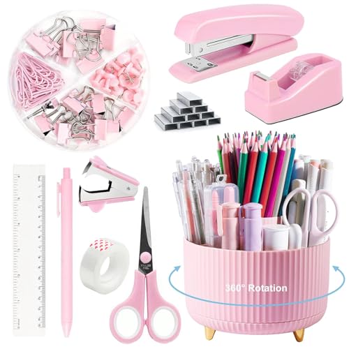 Büro-Schreibtisch-Zubehör, Rosa, Bürobedarf-Set, Schreibtisch-Organizer mit Hefter, Heftklammern, Heftklammerentferner, Klebebandabroller, Klebeband, 360°-Stifthalter, Schere, Lineal, Kugelschreiber Büro-Schreibtisch-Zubehör, Rosa, Bürobedarf-Set, Schreibtisch-Organizer mit Hefter, Heftklammern, Heftklammerentferner, Klebebandabroller, Klebeband, 360°-Stifthalter, Schere, Lineal, Kugelschreiber von kullder