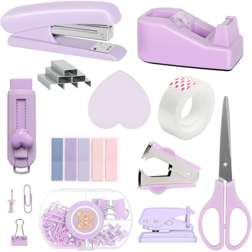 Schreibtischzubehör, Bürozubehör für Damen, Schreibtischzubehör, violett, Bürobedarf mit Hefter, Klebebandhalter, Schere, Lineal, Klammerentferner, Clip-Set für Schule und Zuhause, 11 Stück Schreibtischzubehör, Bürozubehör für Damen, Schreibtischzubehör, violett, Bürobedarf mit Hefter, Klebebandhalter, Schere, Lineal, Klammerentferner, Clip-Set für Schule und Zuhause, 11 Stück von kullder