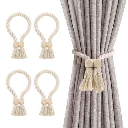 kuugude 4 Stück Raffhalter für vorhänge, Magnetische Vorhang Raffhalter, Vorhang Halter, gardinenringe, Baumwollseil für Home Büro Gardinen Deko (Beige) von kuugude
