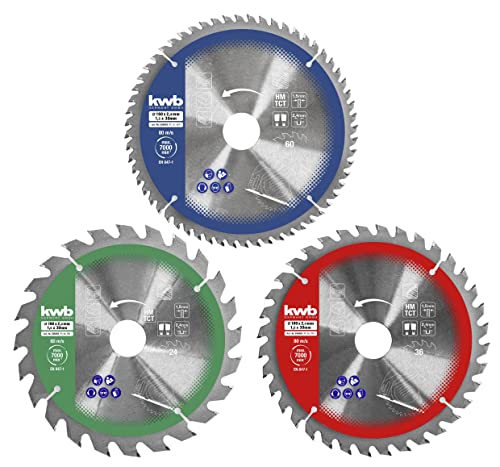 kwb 3-teiliges Kreissägeblatt-Set 210 x 30/20/16 mm für Kreissägen oder Tischkreissägen, für Platten und Holzbaustoffe, inklusive Reduzierringe bei 16 und 20 mm von kwb