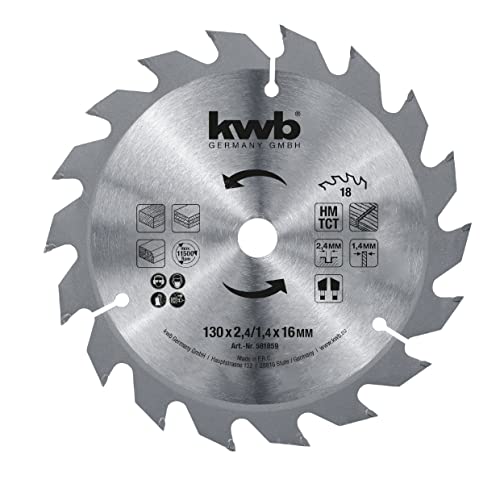 kwb Kreissägeblatt 130 x 16 mm, schneller Schnitt, mittlere Güte, Sägeblatt geeignet für Weich- und Hartholz, Tischlerplatten und Spanplatten von kwb