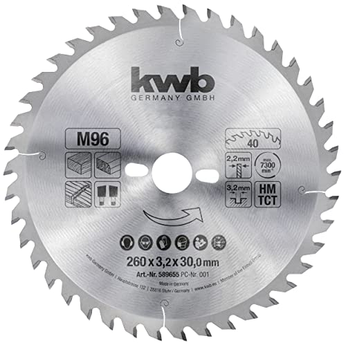 kwb Kreissägeblatt 260 x 30 mm, schneller Schnitt, mittlere Güte, Sägeblatt geeignet für Weich- und Hartholz, Tischlerplatten und Spanplatten von kwb