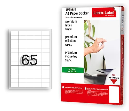 Etiketten A4 Bogen ∣ Bedruckbare Etiketten - 6.500 Stück 38,1x21,2 mm weiß selbstklebend bedruckbar (100) von labex label