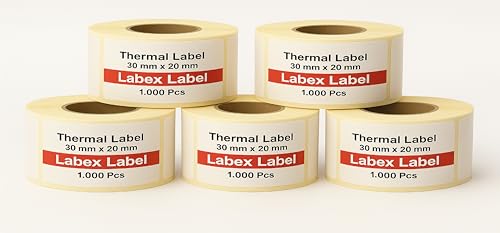 Labex Label - 30x20 mm Thermoetiketten – 5 Rollen à 1000 Stück, Barcode-Etiketten Rolle für Zebra, Godex, TSC von labex label