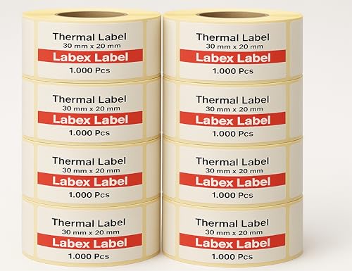 Labex Label - 30x20 mm Thermoetiketten – 8 Rollen à 1000 Stück, Selbstklebende Rollenetiketten für Thermodrucker, Barcode-Etiketten Rolle von labex label