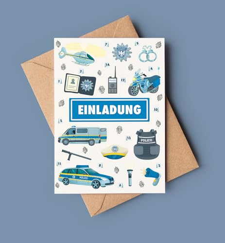 10 x Einladungskarten und 10 x Mitgebseltüten zum Mottogeburtstag - Kindergeburtstag Einladungen & Mitgebsel - produziert in der EU - hochwertiges Papier (Polizei) von lachentutgut.de