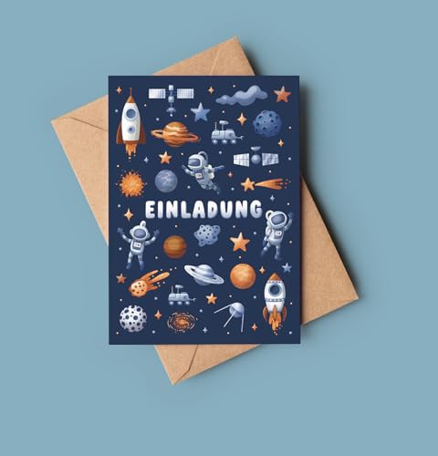 10 x Einladungskarten und 10 x Mitgebseltüten zum Mottogeburtstag - Kindergeburtstag Einladungen & Mitgebsel - produziert in der EU - hochwertiges Papier (Weltall) von lachentutgut.de