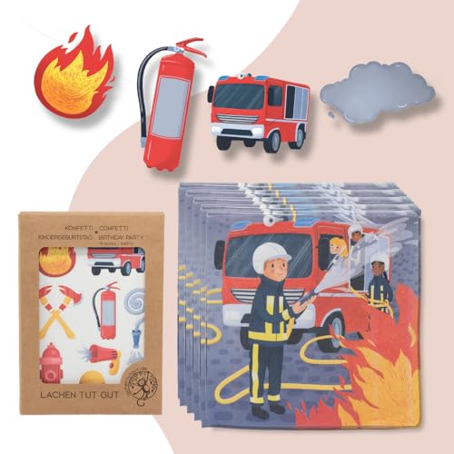 Feuerwehr Kindergeburtstag Deko für Mädchen und Jungen, fröhliche Girlande, buntes Konfetti und niedliche Servietten - Plastikfrei (Feuerwehr) - produziert in der EU von lachentutgut.de