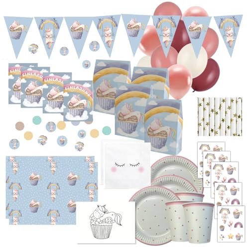 Ultimatives Partyset zum Einhorn Geburtstag - Baby Einhorn Kindergeburtstag Deko für Mädchen - Einladungen, Tischdeko und Mitgebseltüten - in einer Box- produziert in der EU, Startup aus Deutschland von lachentutgut.de
