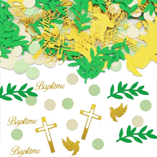 lafo 300 Stück Taufe Deko Konfetti mit Gold Kreuz, Taube & Bapteme Schriftzug | Streudeko für Tischdeko Taufe Kommunion | Glitzer Deko in Gold, Hellgrün, Hellgelb für Jungen Mädchen von lafo