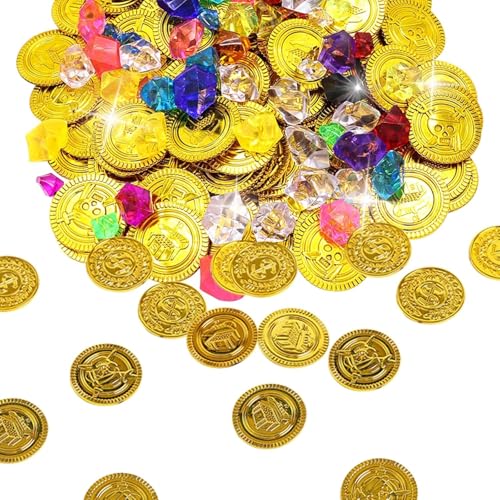 lafo 300 Stück Piratenschatz, 200 Stücke Mehrfarbige Edelsteine für Kinder und 100 Stücke Pirat Münzen für Piraten Deko Kindergeburtstag, Schatzsuche Kindergeburtstag, Schatzkiste Kindergeburtstag von lafo