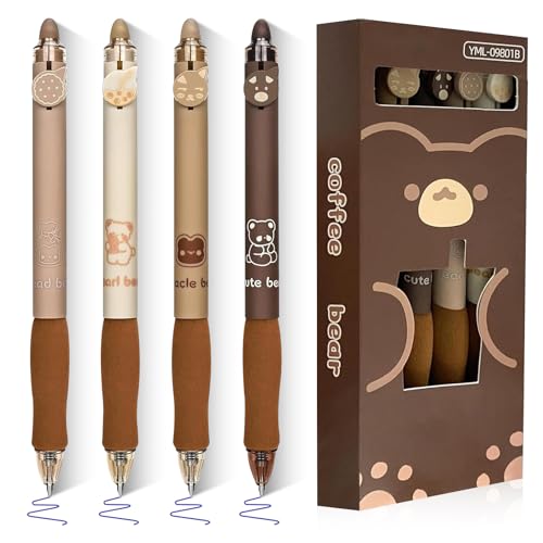 lafo Radierbarer Kugelschreiber mit Kaffee-Bär-Design 4er Pack, Braune Radierbare Stifte 0.5mm, Gelschreiber Radierbar, Friction Erasable Pen für Studenten, Geschenk Schule Bürobedarf (Braun, Blau) von lafo