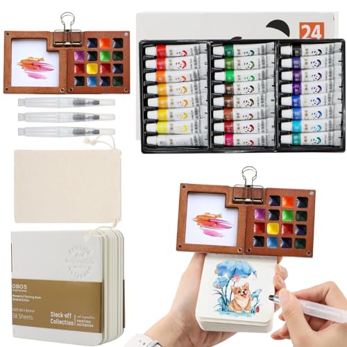 lafo Pocket Aquarell Set, Mini Aquarell Travel Set, Skizzenbuch Holz Palette 15 Grids mit Binder-Clips, Aquarellpinsel Stifte, Lagertasche für Maler, Künstler, Studenten von lafo