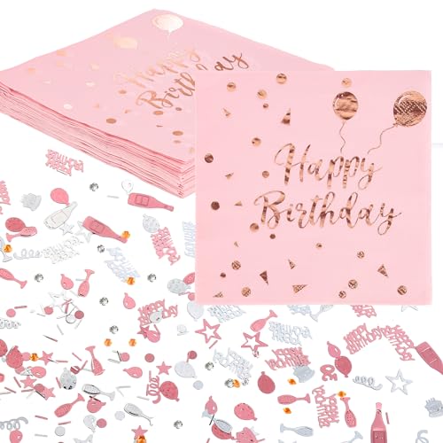 20 Stück Pink Servietten Geburtstag, Deko Geburtstag, Geburtstag Tischdeko Umfassen Servietten und Geburtstag Konfetti, Happy Birthday Servietten Set für Geburtstag Party Deko von lahnao