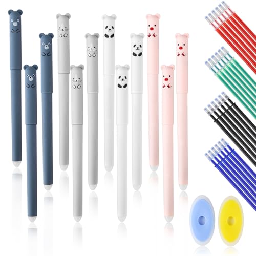 lahnao 12 Stück Radierbarer Kugelschreiber, 0.35mm Erasable Pen mit 24 Ersatzmine und 2 Radiergummi, Cartoon Radierbare Stifte, Gelstifte Radierbar für Studenten, Schulen und Büros von lahnao