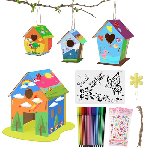 lahnao 4 Stück Vogelhaus Bausatz für Kinder, Kleine Handgemacht Vogelhaus Holz Kreative Bastelsets zu Bauen und Malen, Vogelkasten Basteln Geschenke für Mädchen Jungen von lahnao