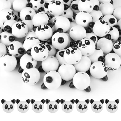 lahnao 40 Stück Holzperlen Mit Gesicht, 25mm Panda Holzkugeln Mit Gesicht, Holzköpfe Mit Gesicht, Perlen Mit Gesicht für DIY Schmuck, Sorgenwürmchen und Glückswürmchen (schwarz und weiß) von lahnao