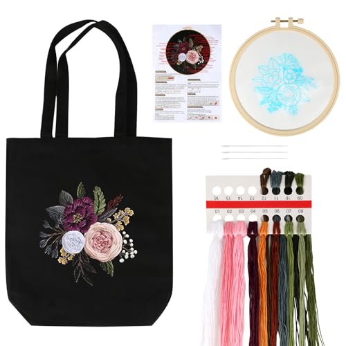 lahnao Sticken Set Erwachsene, Embroidery Kit, Stickset für Anfänger, Kreativ Set für Erwachsene, Inklusive Segeltuchtasche mit Blumenmuster, Anleitung, Stickrahmen, Farbfäden und Nadel von lahnao