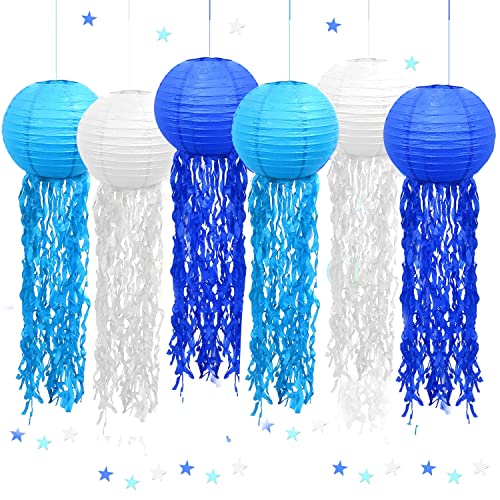 Papierlaterne Laterne Deko,6 Stück Quallen Papierlaternen Ozean Lampions Lampenschirm Meerjungfrau Geburtstag Deko,Ozean Thema Party Lieferungen für Kinder Thema Party (Blau) von lakigoes