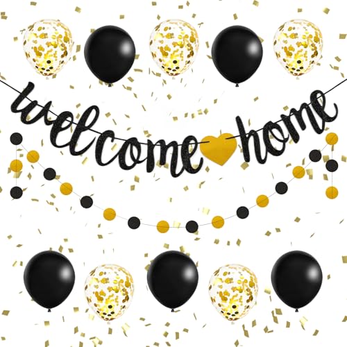 lakigoes Willkommen Zuhause Deko Set – Welcome Home Partydeko Schwarz Gold mit Banner, Wimpelkette, Papiergirlande & Luftballons für Babyshower, Familie Party, Einweihungs Party lakigoes Willkommen Zuhause Deko Set – Welcome Home Partydeko Schwarz Gold mit Banner, Wimpelkette, Papiergirlande & Luftballons für Babyshower, Familie Party, Einweihungs Party von lakigoes