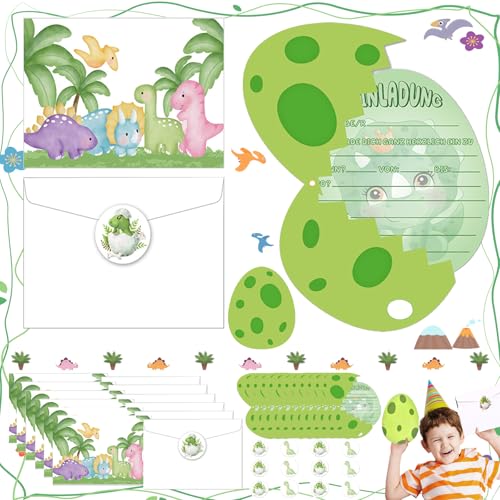 lankai 36 Stück Dinosaurier Geburtstagseinladungen, Dino Einladungskarten Kindergeburtstag Junge Mädchen, Dinosaurier Party Einladungen, Dino Geburtstagseinladungen, Mit Aufkleber(Weiß, Grün) von lankai