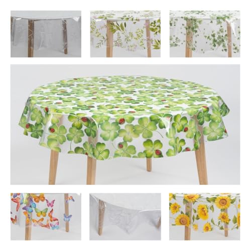 laro Ø 140 cm Premium Line Transparente Tischdecke rund - Wasserdicht & abwischbar - Tischschutz, Muster:Glücksklee Marienkäfer Transparent, Größe: Rund 140cm von laro
