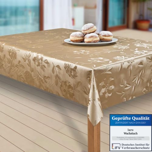 laro Wachstuch-Tischdecke Abwaschbar Garten-Tischdecke Wachstischdecke PVC Plastik-Tischdecken Eckig Meterware Wasserabweisend Abwischbar, Muster:Dahlien Gold Beige, Größe:140x2000 von laro