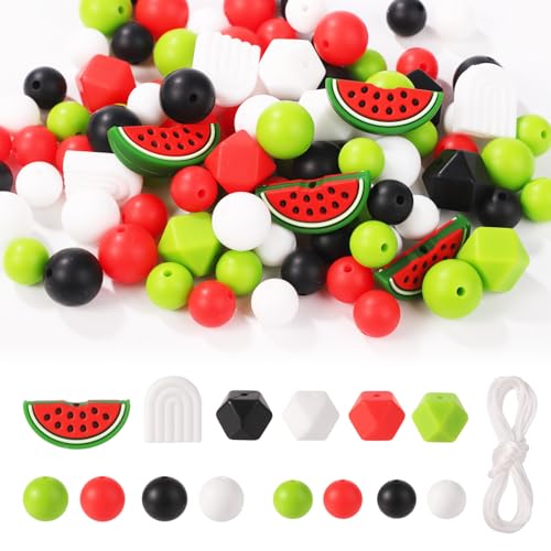 100 Stück Wassermelonen-Silikonperlen, Sommer Mehrfarbig Lose Silikonperlen Sechseckig Runde Abstandsperlen mit Nylonseil für Heimwerker Basteln Schlüsselanhänger Armbänder Halsketten von lasuroa