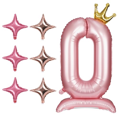 106,7cm Zahlen Ballons 0-9 mit Krone und Sockel, Helium Aluminiumfolie Number Balloons mit 6 Vierzackigen Sternballons Geburtstags Zahlen Ballons für Hochzeitstag Party (Zahl 0) von lasuroa