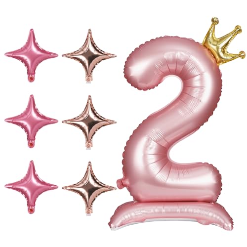 106,7cm Zahlen Ballons 0-9 mit Krone und Sockel, Helium Aluminiumfolie Number Balloons mit 6 Vierzackigen Sternballons Geburtstags Zahlen Ballons für Hochzeitstag Party (Zahl 2) von lasuroa
