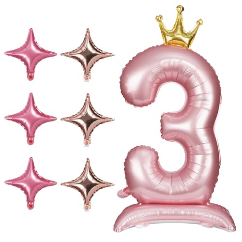 106,7cm Zahlen Ballons 0-9 mit Krone und Sockel, Helium Aluminiumfolie Number Balloons mit 6 Vierzackigen Sternballons Geburtstags Zahlen Ballons für Hochzeitstag Party (Zahl 3) von lasuroa