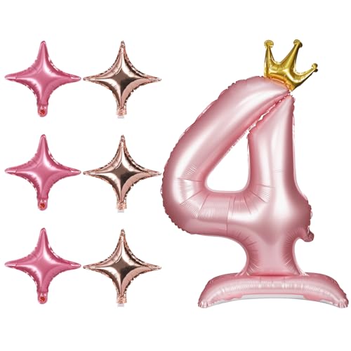 106,7cm Zahlen Ballons 0-9 mit Krone und Sockel, Helium Aluminiumfolie Number Balloons mit 6 Vierzackigen Sternballons Geburtstags Zahlen Ballons für Hochzeitstag Party (Zahl 4) von lasuroa