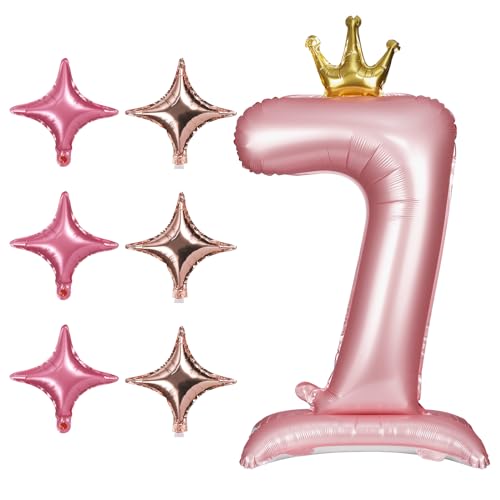 106,7cm Zahlen Ballons 0-9 mit Krone und Sockel, Helium Aluminiumfolie Number Balloons mit 6 Vierzackigen Sternballons Geburtstags Zahlen Ballons für Hochzeitstag Party (Zahl 7) von lasuroa