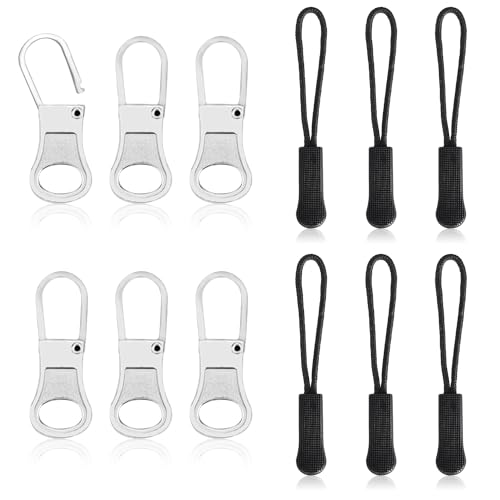 12 Stück Reißverschluss Ersatz, Zipper Pull Ersatz Reißverschlussgriffe aus Gummi und Metall Reißverschluss Reparatur Set für Gepäck Jacken Jeans Geldbörsen Handtaschen (Silber, Schwarz) von lasuroa