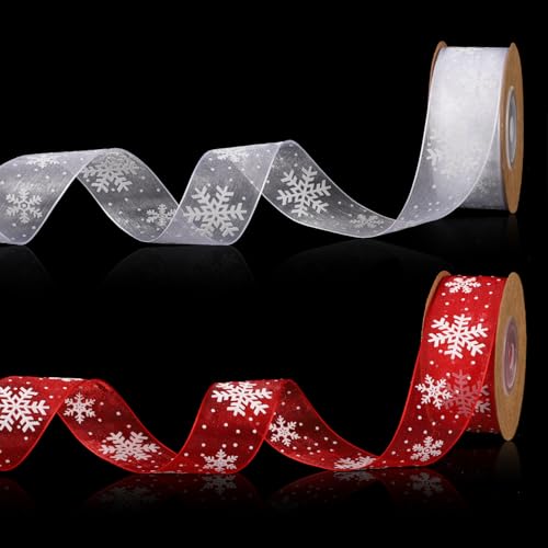 2 Rollen Schneeflockenband, 20m Polyesterfaser Schnee Weihnachtsband Rot Weiß Schneeblumen Weihnachtsband für Weihnachtsbaum Geschenkpaket Girlande von lasuroa