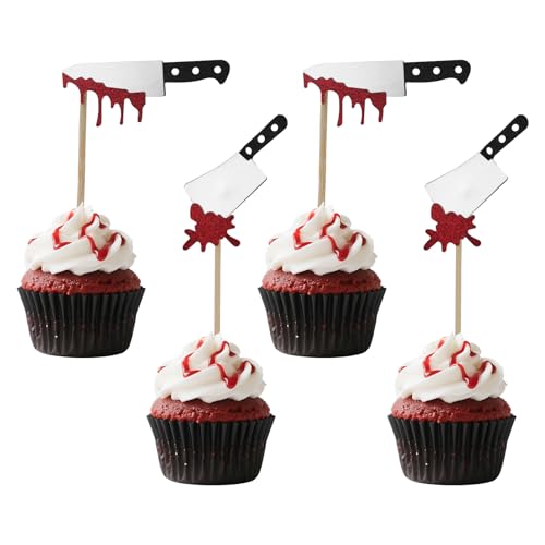 24 Stück Halloween Cupcake Topper, Glitzer Horror Blutmesser Cupcake Picker Gruselige Killer Geburtstagsdekorationen für Motto Partyzubehör von lasuroa